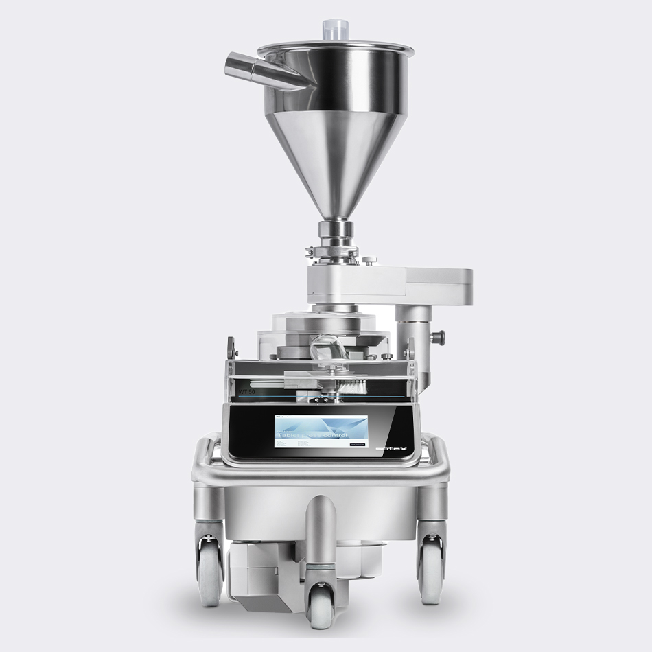 When transferring samples from one or two press outlets via a venturi system, the braking cyclone gradually slows down the fast-moving samples.