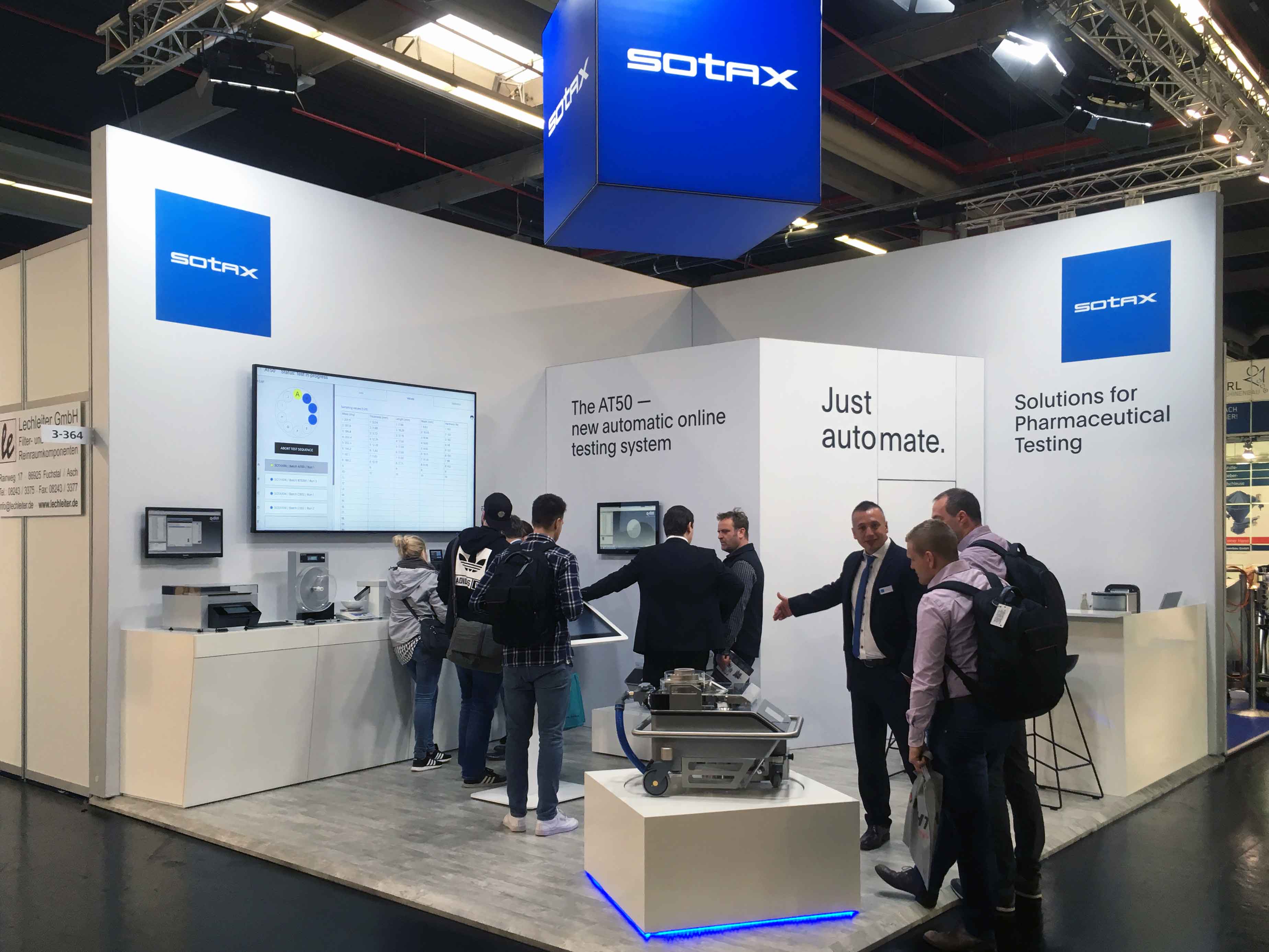 SOTAX booth with new AT50 tablet hardness tester at Powtech 2019 exhibition